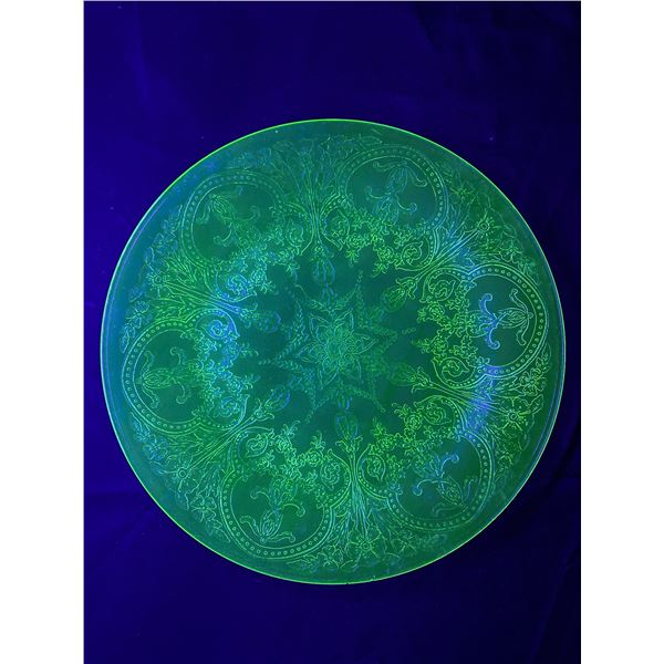 Vintage Uranium Glass Plate w/ Raised Design. Approx. 11" Diam