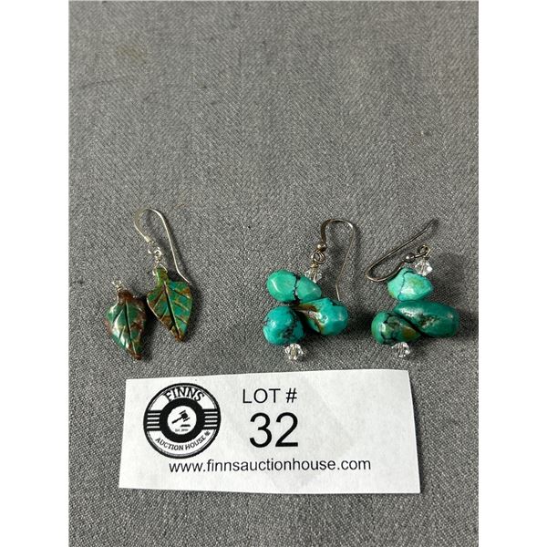 2 Pairs Vintage Sterling Silver, Genuine Turquois Earrings