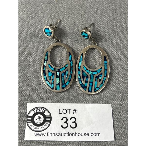 925 Sterling Silver Vintage Dangle Earrings w/ Inlayed Turquoise