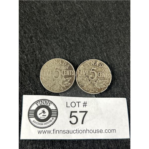 2 Early Canadian Nickels - 1922 & 1924