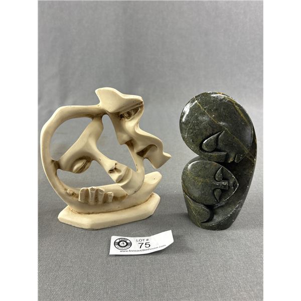 5.5" H Stone "Mother & Child" Marked CUTH &5.5" H Resin "Lover's Kiss" Sculpture