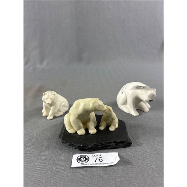 3 Canadian Pearlite Polar Bear Sculptures. 2" - 3.25" H