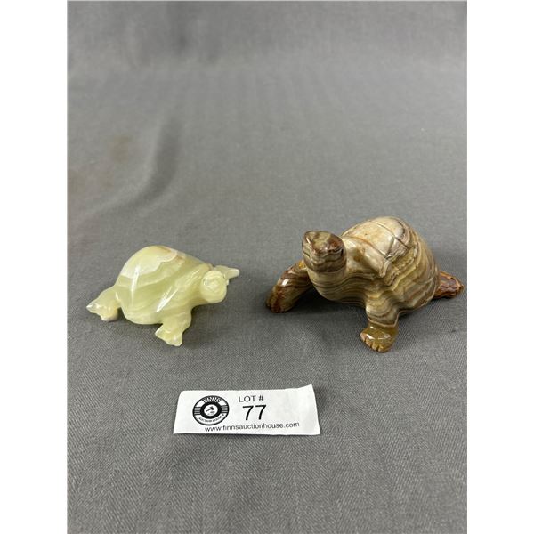 2 Carved Stone Turtle Figures - 2.5" x 4" Marble & 3.5" x 1.5" Onyx