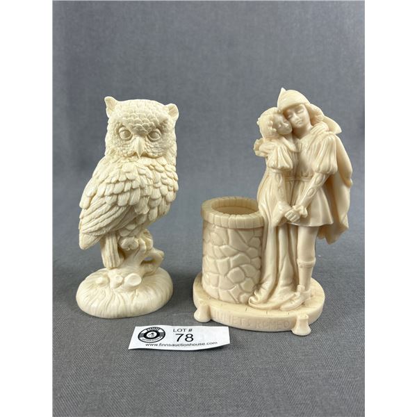 2 Vintage Satina Resin Figures - 6" H Juliet And Romeo & 5.5" H Owl