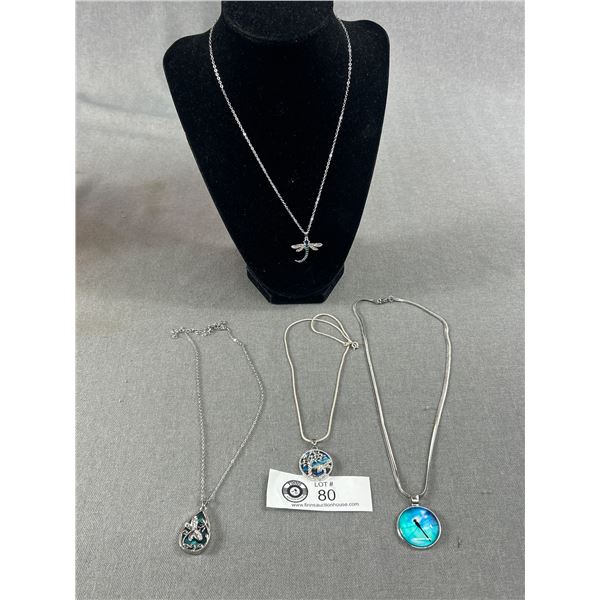 4 Dragonfly Pendant Necklaces, One 16" Necklace Clasp Marked 925 India. 16" - 19"