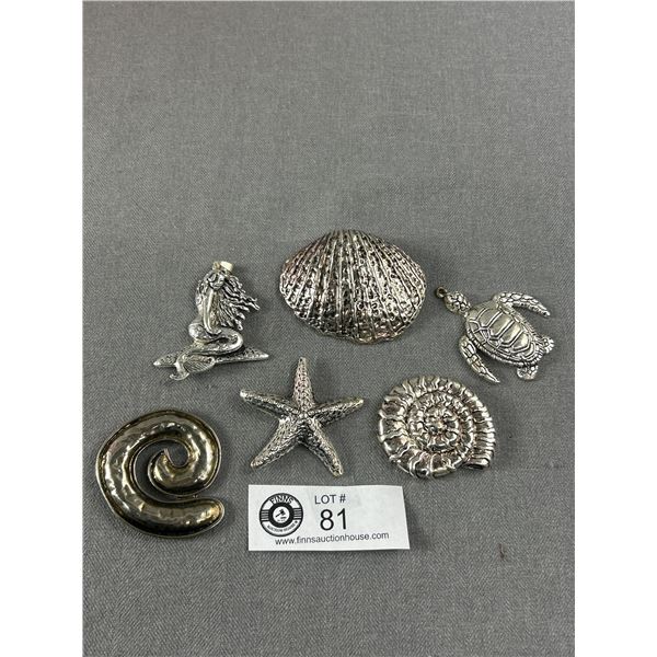 5 Silvertone Ocean Themed Large Pendants & 1 Silvertone Swirl Brooch