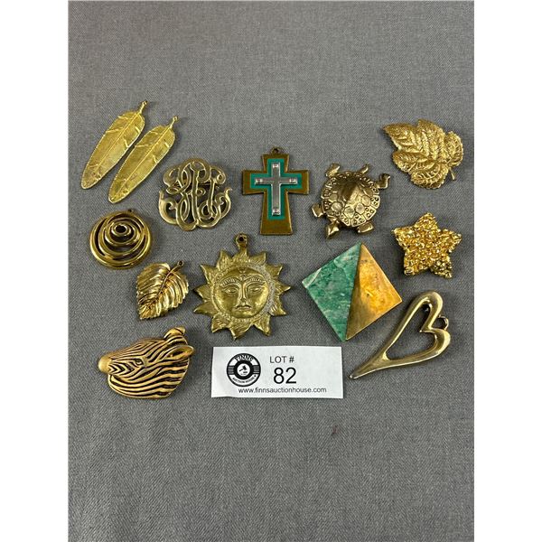 10 Goldtone Large Pendants, 1 Scroll Brooch, 1 Leaf Scarf Clip & Star Shaped Clip