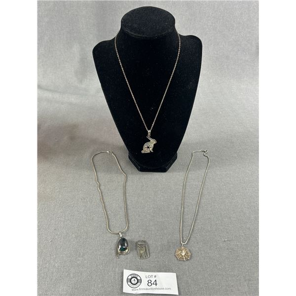 3 Marked 925 Necklaces, 1 w/ Marked 925 Spider Pendant & 1 w/ Marked 925 Rabbit, Other w/ Silvertone
