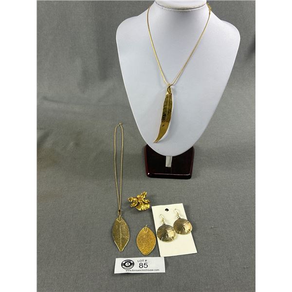 2 Gold Tone Necklaces w/ 24Kt Dipped Leaf Pendants, Orchid Brooch, Sand Dollar Earrings & Leaf Penda