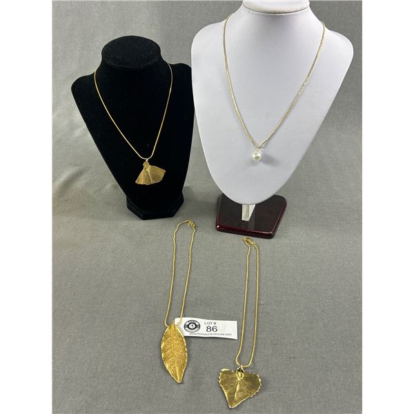 4 Gold Tone Necklaces, 3 w/ 24Kt Dipped Leaves & 1 w/ Pearl Pendant