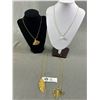 Image 1 : 4 Gold Tone Necklaces, 3 w/ 24Kt Dipped Leaves & 1 w/ Pearl Pendant