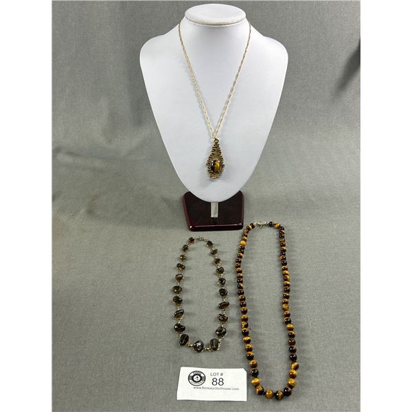 Vintage 22" Tiger's Eye Beaded Necklace, Gold Tone 18" Necklace w/ 2.5" Tiger's Eye Pendant & 16" St