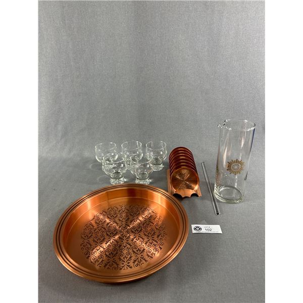 MCM Copper Tray w/ Glass Cocktail Mixer, Glasses & Coaster Set
