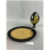 Image 1 : Large Vintage Hand Painted Russian Egg w/ Stand & Black Lacquer Tray
