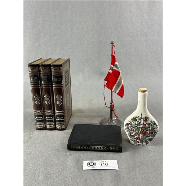 Vintage Shakespeare Book Music Box, Small 1930 German Songbook, German Ceramic Corked Bottle & Flag 