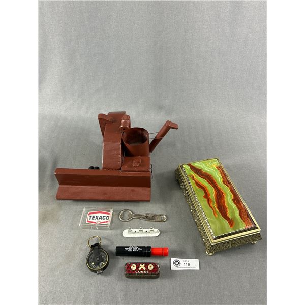 Vintage Folk Art Farm Machine & Tin Collectibles - Deer Call, Texaco, Lesney, Compass, OXO, Opener