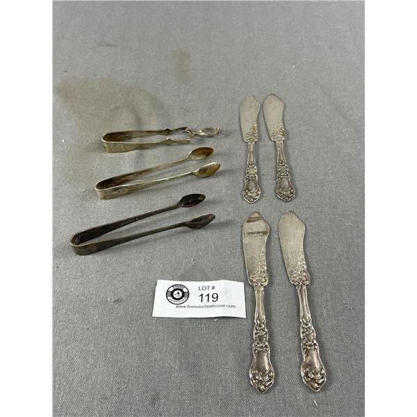 3 Antique Silverplated Sugar Tongs & Wm. Rogers & Son Butter Knives Set