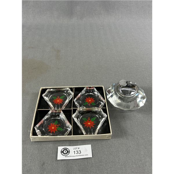 Mid-Century Ashtray Set & Crystal Table Lighter
