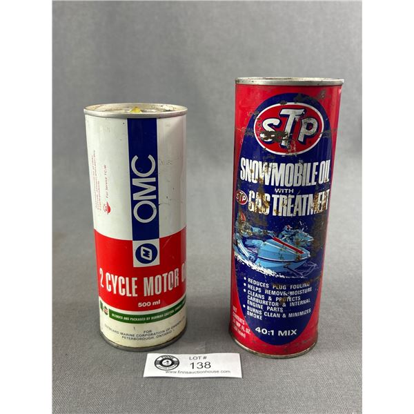 2 Vintage Tin Cans w/ Contents - STP Snowmobile Oil w/ Gas Treatment & Castrol OMC 2 Cycle Motor Oil