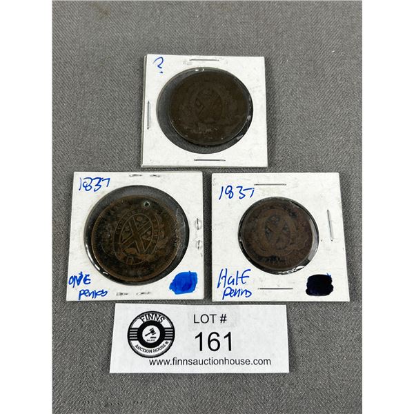 3 Antique Canadian Bank Token Coins - 1837 & ? Pennies Plus 1837 Half Penny