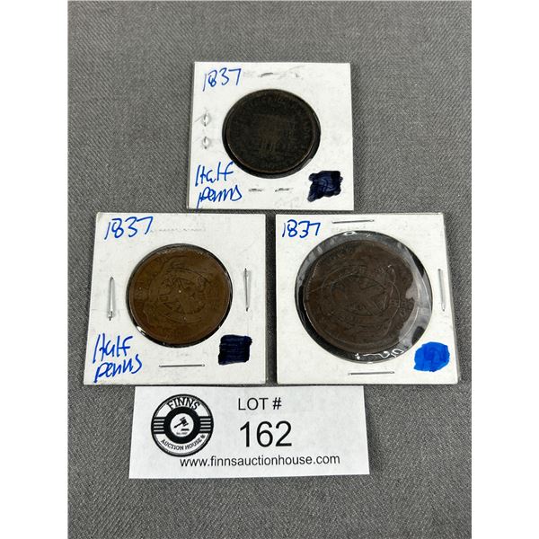3 Antique 1837 Canadian Bank Token Coins - 2 Half Pennies & 1 Penny
