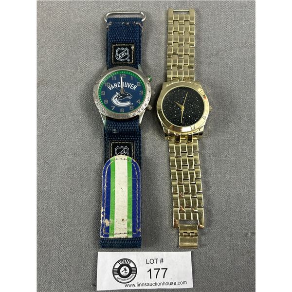 2 Men's Wrist Watches - Vancouver Canucks & Gold Tone Men's Watch w/ Black Stone Face