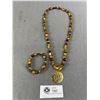 Image 1 : Gorgeous 26" L Beaded 1.5" Gold Tone Pendant Necklace w/ Matching Stretch Bracelet