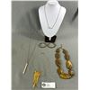 Image 1 : 3 Gold Tone Chain Necklaces (1 w/ 3" Pendant), 2 Cuff Wire Bracelets & 18" Large Beaded Necklace