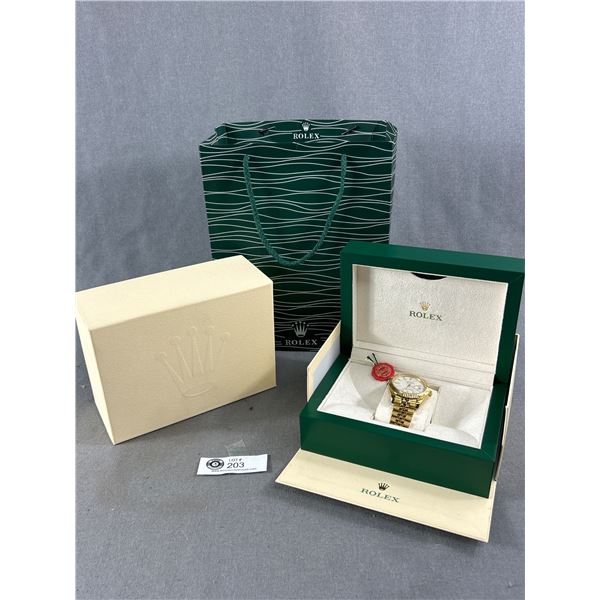 Gold Tone Rolex Oyster Perpetual Date Just Watch In Original Box w/ Gift Bag. Unauthenticated