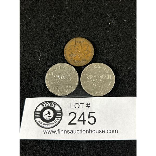 3 Early 1900's Canadian Coins - 1927,1937 & 1947