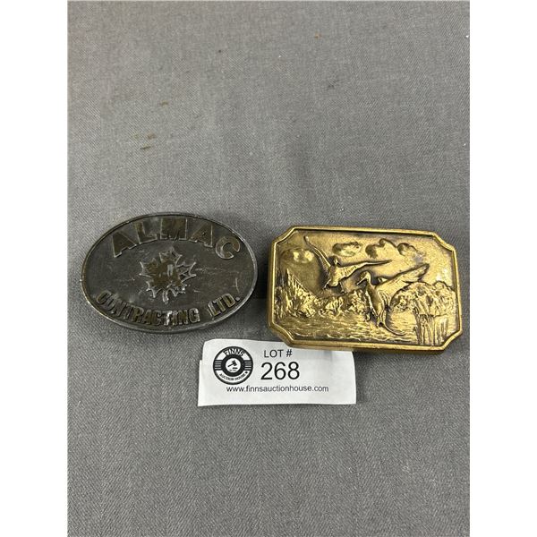 2 Belt Buckles - 3" x 2" Solid Brass "Ducks" & 3" Metal Oval "Almac Contracting Ltd"