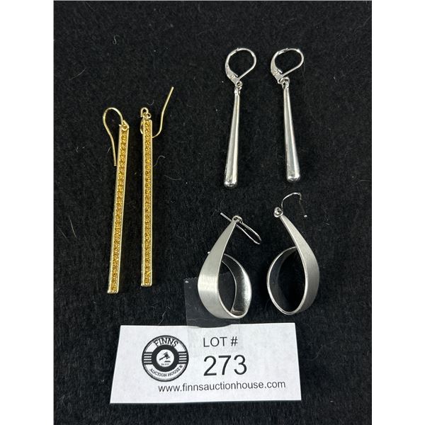 3 Pairs Of Silver & Gold Plated Dangle Earrings In Good Condition