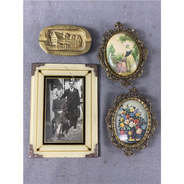 Misc Vintage Finds - 4" Brass Shakesphere Birthplace Ashtray, (2) 5" Metal Framed Pictures & Glass F