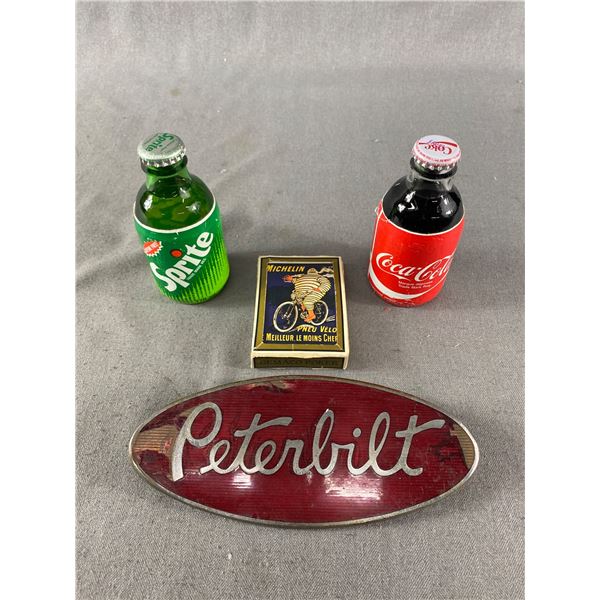 2 Vintage Mini Soda Pop Bottles, Michelin Playing Cards & Peterbilt 8" Metal Decal