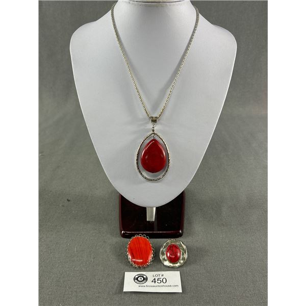 Red Coral Necklace, Brooch and Ring