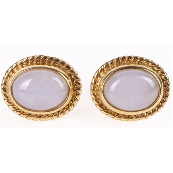 18K YELLOW GOLD WHITE JADE LADIES EARRINGS