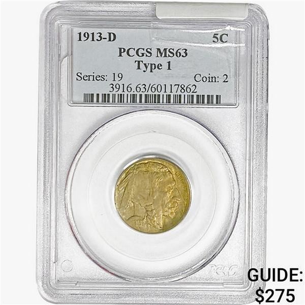 1913-D Buffalo Nickel PCGS MS53 Ty 1