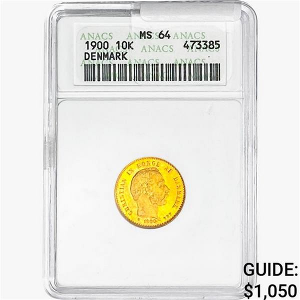 1900 .1296oz. Gold Denmark 10 Kroner ANACS MS64