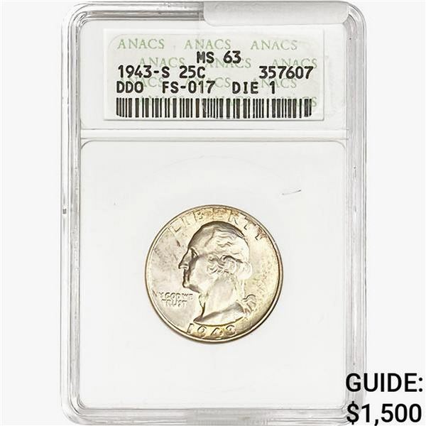 1943-S Wash. SILV 25C ANACS MS63 DDO FS-017 DIE 1