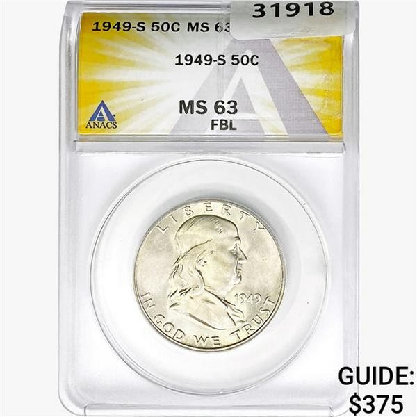 1949-S Franklin Half Dollar ANACS MS63 FBL