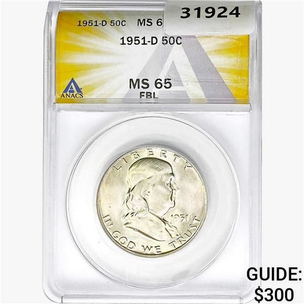 1951-D Franklin Half Dollar ANACS MS65 FBL
