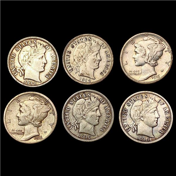 1914-1916 Silver Barber Dimes [6 Coins] HIGH GRADE