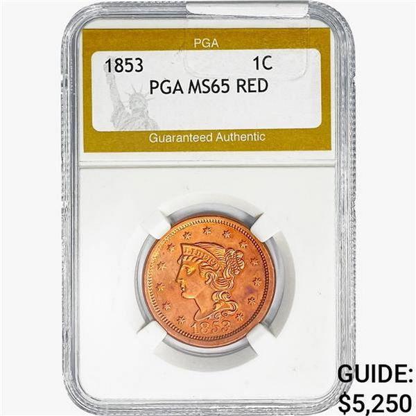 1853 Braided Hair Large Cent PGA MS65 RED