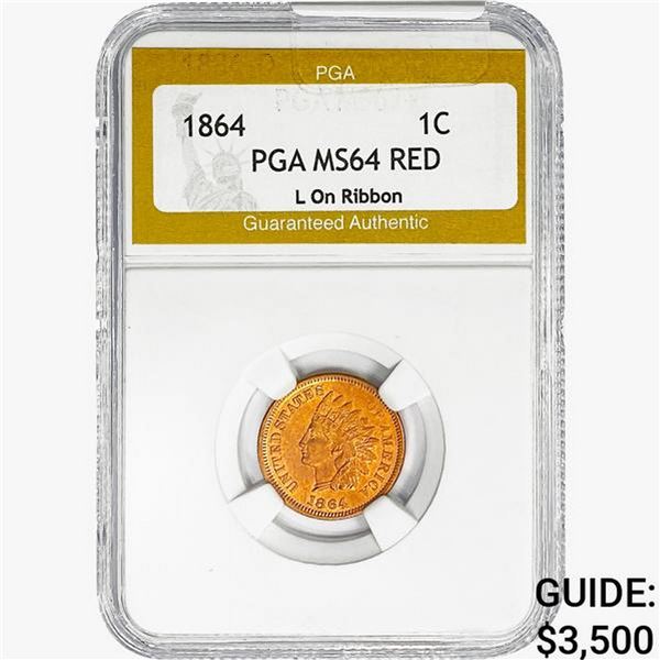 1864 Indian Head Cent PGA MS64 RED, L On Ribbon
