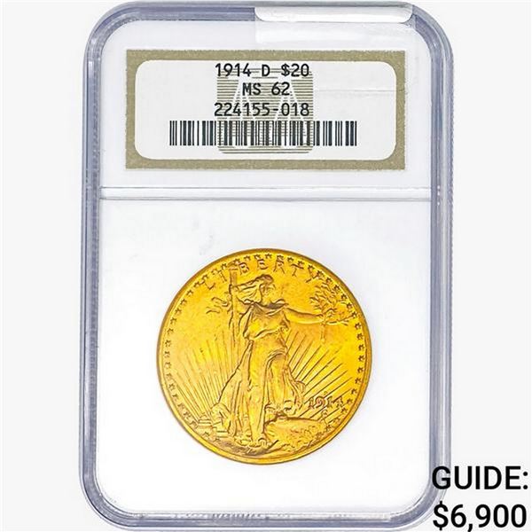 1914-D $20 Gold Double Eagle NGC MS62