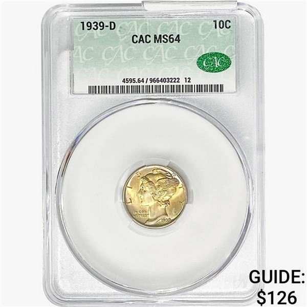 1939-D CAC Mercury Silver Dime CAC MS64