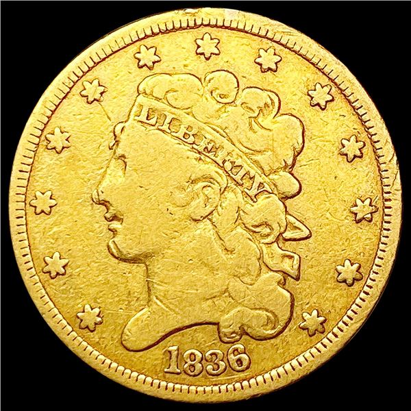 1836 $5 Gold Half Eagle NICELY CIRCULATED