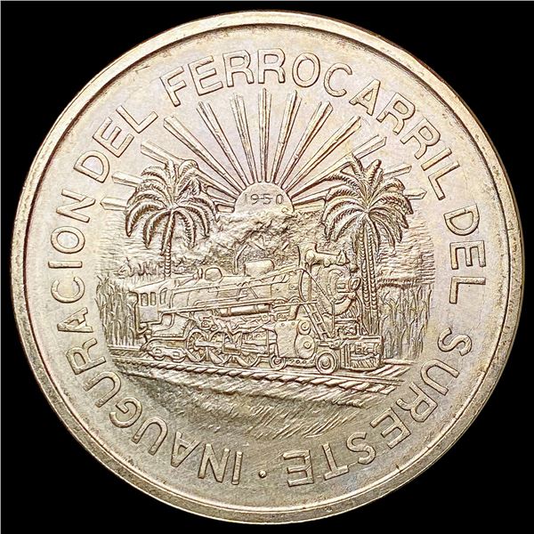 1950 Mexico Silver 5 Peso Railroad Ferrocarril UNCIRCULATED