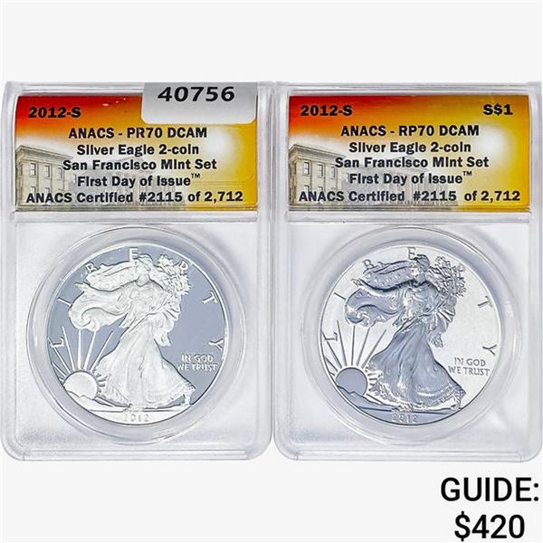 [2] 2012-S Silver Eagle ANACS PR/RP70 DCAM Set