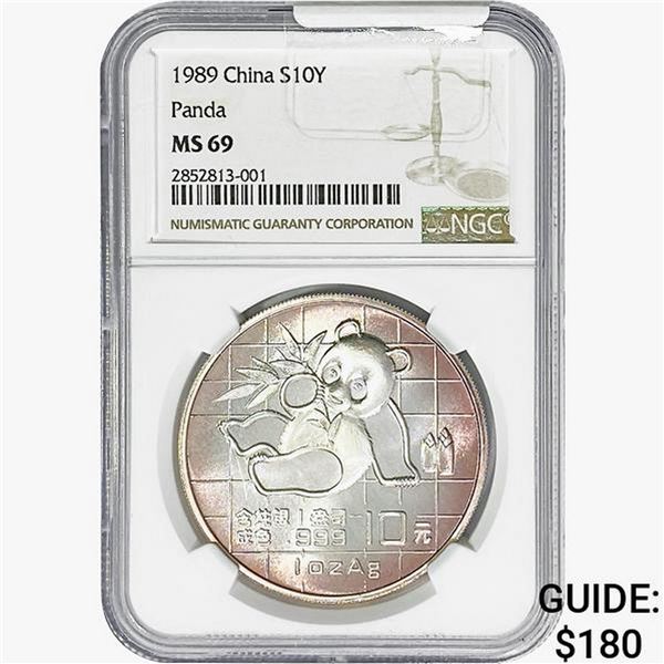 1989 1oz Silver China Panda 10 Yuan NGC MS69